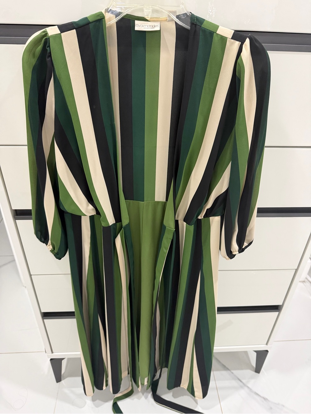 eva mendes for New York & Company Green, Black & Cream Striped Midi Dress